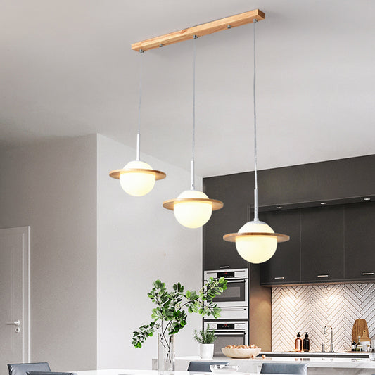 Modern Globe Multi Light Pendant Opal Glass 3 Heads Dining Room Ceiling Lamp with Ring Wood Detail Clearhalo 'Ceiling Lights' 'Chandeliers' 'Glass shade' 'Glass' 'Modern Pendants' 'Modern' 'Pendant Lights' 'Pendants' Lighting' 735549
