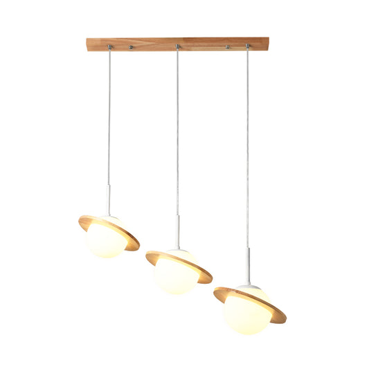 Modern Globe Multi Light Pendant Opal Glass 3 Heads Dining Room Ceiling Lamp with Ring Wood Detail Clearhalo 'Ceiling Lights' 'Chandeliers' 'Glass shade' 'Glass' 'Modern Pendants' 'Modern' 'Pendant Lights' 'Pendants' Lighting' 735550