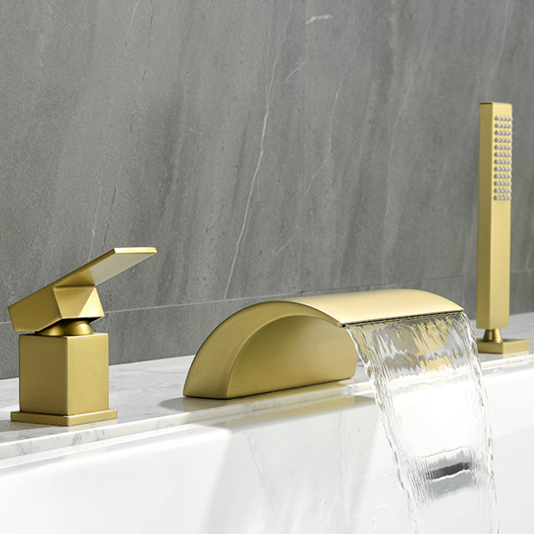 Modern Bathtub Faucet Fixed Waterfall Bathroom Faucet with Hand Shower Gold Round Curved Faucet Clearhalo 'Bathroom Remodel & Bathroom Fixtures' 'Bathtub Faucets' 'bathtub_faucets' 'Home Improvement' 'home_improvement' 'home_improvement_bathtub_faucets' 7357358