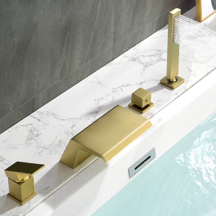 Modern Bathtub Faucet Fixed Waterfall Bathroom Faucet with Hand Shower Gold Square Curved Faucet Clearhalo 'Bathroom Remodel & Bathroom Fixtures' 'Bathtub Faucets' 'bathtub_faucets' 'Home Improvement' 'home_improvement' 'home_improvement_bathtub_faucets' 7357362