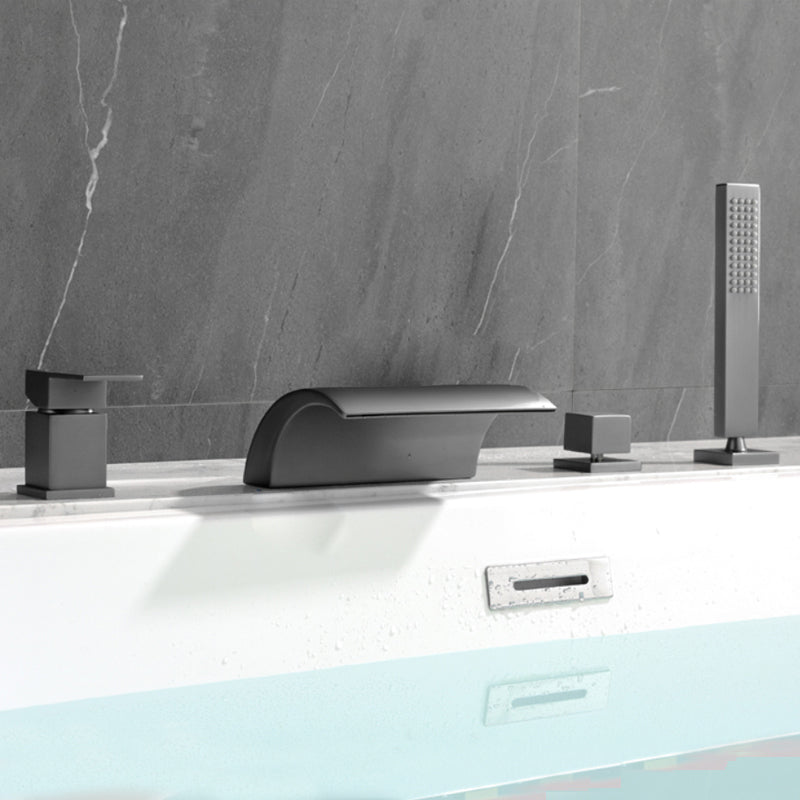 Modern Bathtub Faucet Fixed Waterfall Bathroom Faucet with Hand Shower Gun Grey Round Curved Faucet Clearhalo 'Bathroom Remodel & Bathroom Fixtures' 'Bathtub Faucets' 'bathtub_faucets' 'Home Improvement' 'home_improvement' 'home_improvement_bathtub_faucets' 7357372