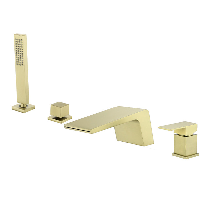 Modern Bathtub Faucet Fixed Waterfall Bathroom Faucet with Hand Shower Gold Small Curved Faucet Clearhalo 'Bathroom Remodel & Bathroom Fixtures' 'Bathtub Faucets' 'bathtub_faucets' 'Home Improvement' 'home_improvement' 'home_improvement_bathtub_faucets' 7357376