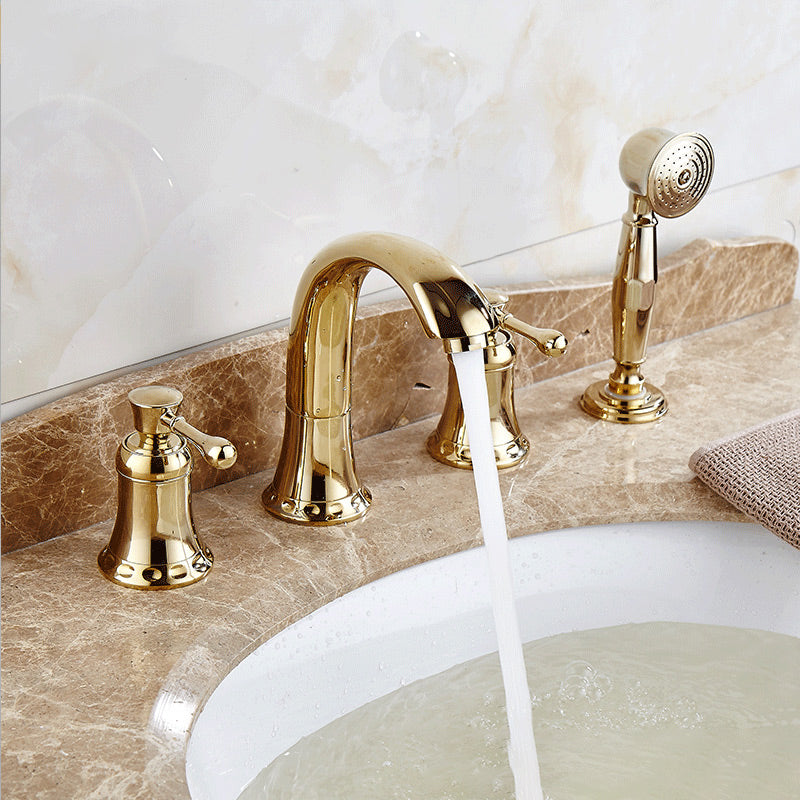 Contemporary Tub Faucet Deck Mounted Trim Bath Faucet Trim for Bathroom Gold Gooseneck Hand Shower Included Clearhalo 'Bathroom Remodel & Bathroom Fixtures' 'Bathtub Faucets' 'bathtub_faucets' 'Home Improvement' 'home_improvement' 'home_improvement_bathtub_faucets' 7357385