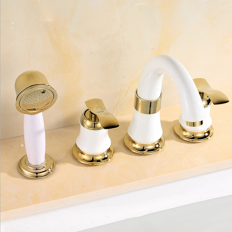 Contemporary Tub Faucet Deck Mounted Trim Bath Faucet Trim for Bathroom White-Gold Gooseneck Hand Shower Included Clearhalo 'Bathroom Remodel & Bathroom Fixtures' 'Bathtub Faucets' 'bathtub_faucets' 'Home Improvement' 'home_improvement' 'home_improvement_bathtub_faucets' 7357386