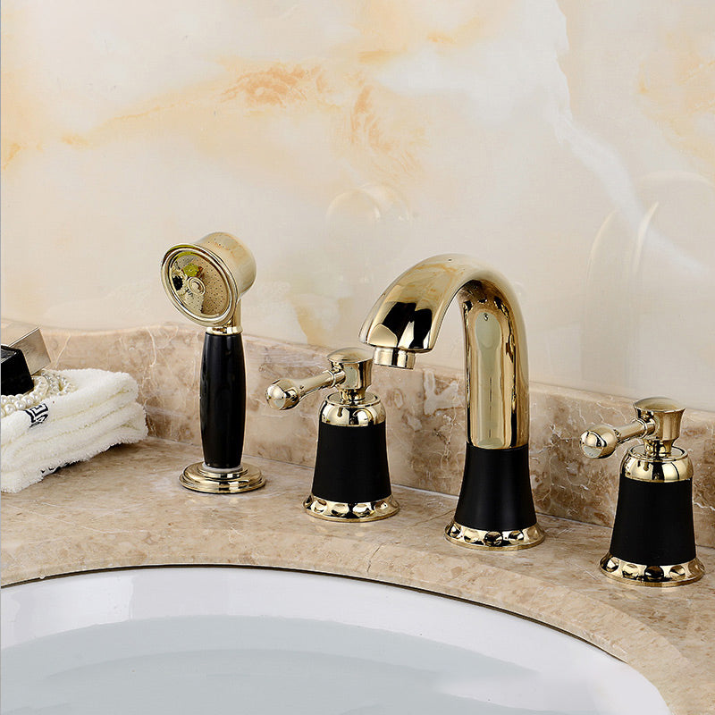 Contemporary Tub Faucet Deck Mounted Trim Bath Faucet Trim for Bathroom Gold-Black Gooseneck Hand Shower Included Clearhalo 'Bathroom Remodel & Bathroom Fixtures' 'Bathtub Faucets' 'bathtub_faucets' 'Home Improvement' 'home_improvement' 'home_improvement_bathtub_faucets' 7357388
