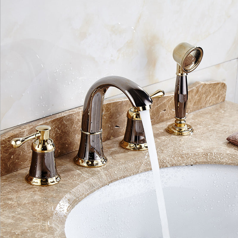 Contemporary Tub Faucet Deck Mounted Trim Bath Faucet Trim for Bathroom Gray-Gold Gooseneck Hand Shower Included Clearhalo 'Bathroom Remodel & Bathroom Fixtures' 'Bathtub Faucets' 'bathtub_faucets' 'Home Improvement' 'home_improvement' 'home_improvement_bathtub_faucets' 7357391