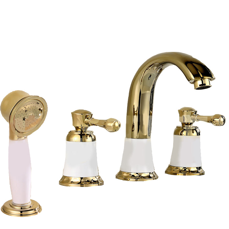 Contemporary Tub Faucet Deck Mounted Trim Bath Faucet Trim for Bathroom Gold-White Gooseneck Hand Shower Included Clearhalo 'Bathroom Remodel & Bathroom Fixtures' 'Bathtub Faucets' 'bathtub_faucets' 'Home Improvement' 'home_improvement' 'home_improvement_bathtub_faucets' 7357393