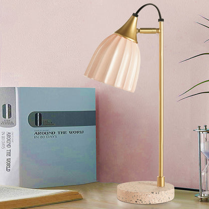 Pink/Sky Blue Ribbed Domed Table Light Modernism 1 Head Ceramics Desk Lamp with Gold Arm and Marble Base Pink Clearhalo 'Lamps' 'Table Lamps' Lighting' 735740