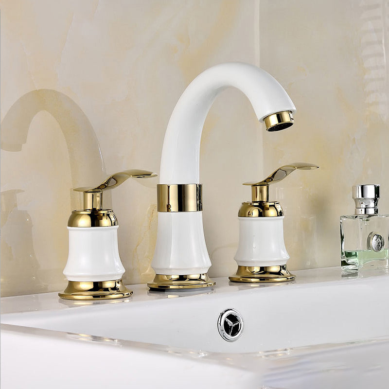 Contemporary Tub Faucet Deck Mounted Trim Bath Faucet Trim for Bathroom White-Gold Gooseneck Hand Shower Not Included Clearhalo 'Bathroom Remodel & Bathroom Fixtures' 'Bathtub Faucets' 'bathtub_faucets' 'Home Improvement' 'home_improvement' 'home_improvement_bathtub_faucets' 7357401