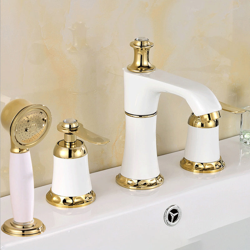 Contemporary Tub Faucet Deck Mounted Trim Bath Faucet Trim for Bathroom White-Gold 7 Shape Hand Shower Included Clearhalo 'Bathroom Remodel & Bathroom Fixtures' 'Bathtub Faucets' 'bathtub_faucets' 'Home Improvement' 'home_improvement' 'home_improvement_bathtub_faucets' 7357405