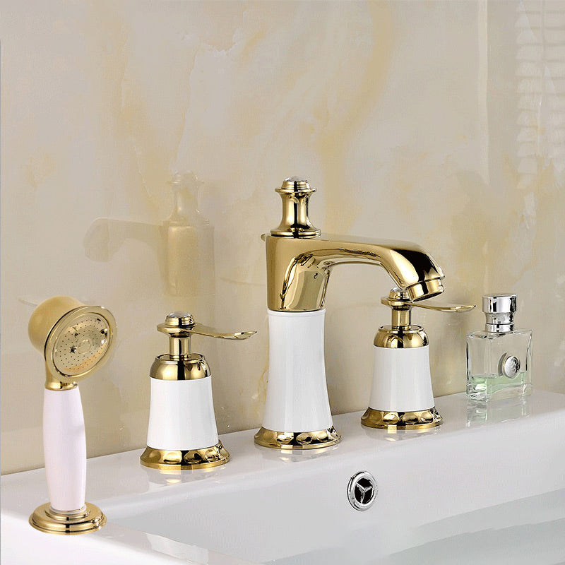Contemporary Tub Faucet Deck Mounted Trim Bath Faucet Trim for Bathroom Gold-White 7 Shape Hand Shower Included Clearhalo 'Bathroom Remodel & Bathroom Fixtures' 'Bathtub Faucets' 'bathtub_faucets' 'Home Improvement' 'home_improvement' 'home_improvement_bathtub_faucets' 7357406