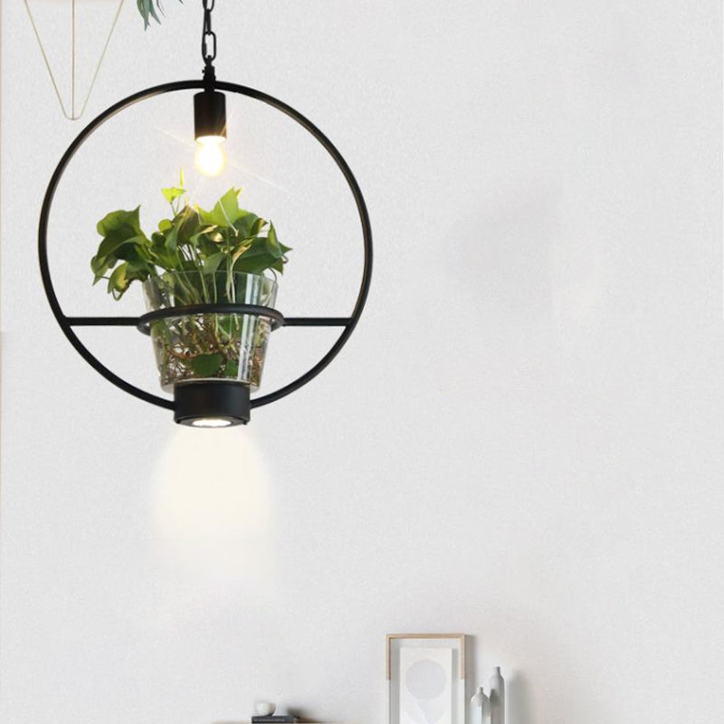 Black 1 Light Down Lighting Industrial Iron Circular/Rectangular Cage Drop Pendant with Clear Glass Plant Pot Black B Clearhalo 'Art Deco Pendants' 'Black' 'Cast Iron' 'Ceiling Lights' 'Ceramic' 'Crystal' 'Industrial Pendants' 'Industrial' 'Metal' 'Middle Century Pendants' 'Pendant Lights' 'Pendants' 'Rustic Pendants' 'Tiffany' Lighting' 735816