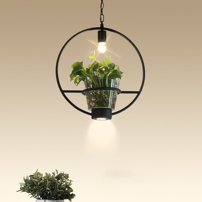 Black 1 Light Down Lighting Industrial Iron Circular/Rectangular Cage Drop Pendant with Clear Glass Plant Pot Clearhalo 'Art Deco Pendants' 'Black' 'Cast Iron' 'Ceiling Lights' 'Ceramic' 'Crystal' 'Industrial Pendants' 'Industrial' 'Metal' 'Middle Century Pendants' 'Pendant Lights' 'Pendants' 'Rustic Pendants' 'Tiffany' Lighting' 735817