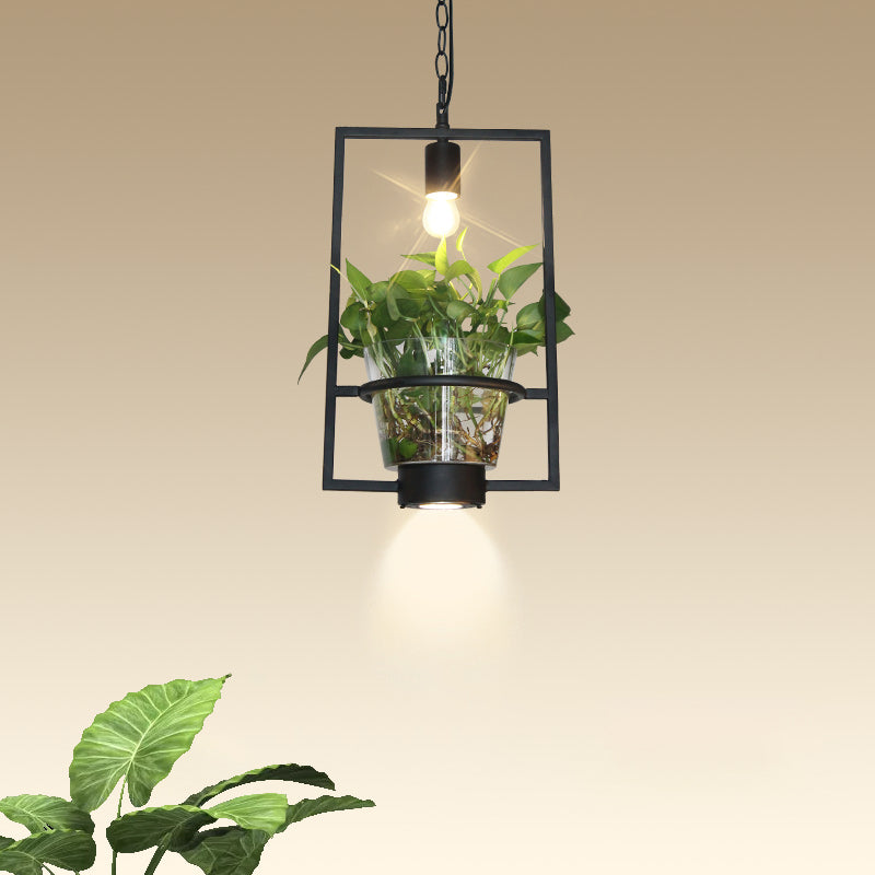 Black 1 Light Down Lighting Industrial Iron Circular/Rectangular Cage Drop Pendant with Clear Glass Plant Pot Black D Clearhalo 'Art Deco Pendants' 'Black' 'Cast Iron' 'Ceiling Lights' 'Ceramic' 'Crystal' 'Industrial Pendants' 'Industrial' 'Metal' 'Middle Century Pendants' 'Pendant Lights' 'Pendants' 'Rustic Pendants' 'Tiffany' Lighting' 735820