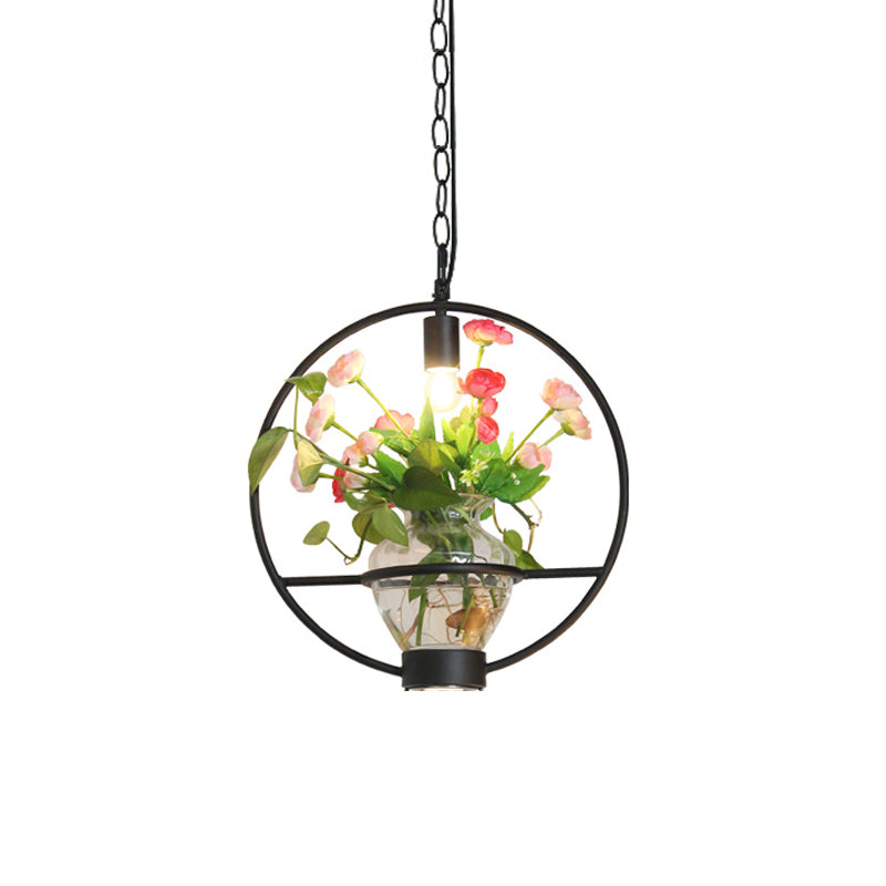 Black 1 Light Down Lighting Industrial Iron Circular/Rectangular Cage Drop Pendant with Clear Glass Plant Pot Clearhalo 'Art Deco Pendants' 'Black' 'Cast Iron' 'Ceiling Lights' 'Ceramic' 'Crystal' 'Industrial Pendants' 'Industrial' 'Metal' 'Middle Century Pendants' 'Pendant Lights' 'Pendants' 'Rustic Pendants' 'Tiffany' Lighting' 735827