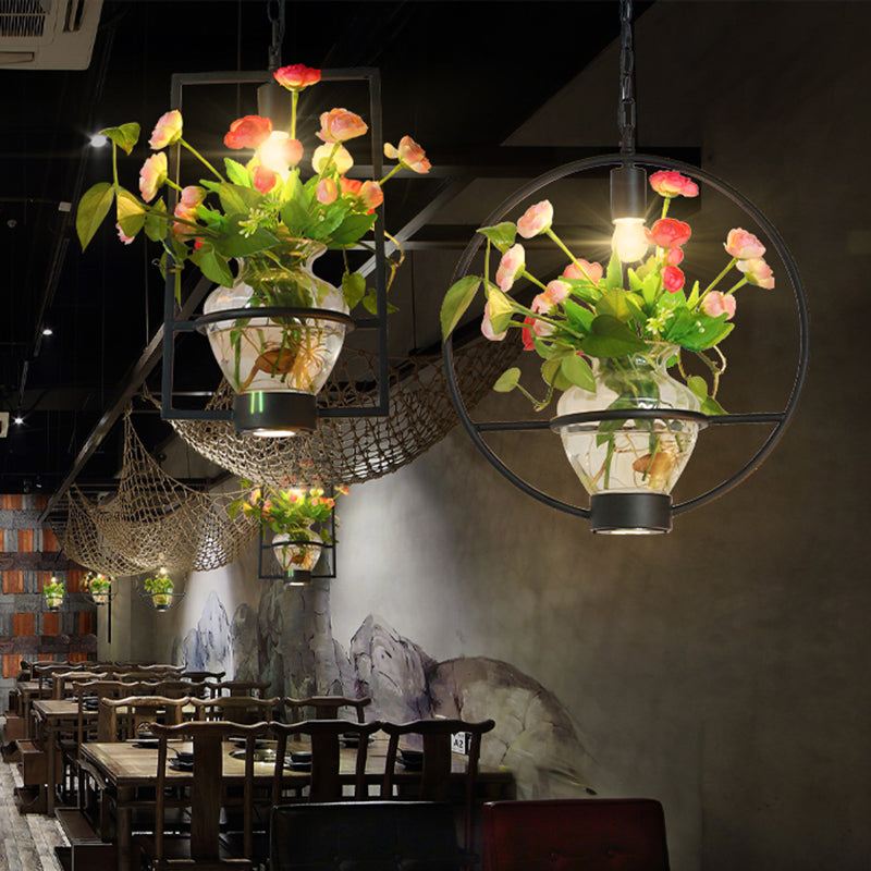 Black 1 Light Down Lighting Industrial Iron Circular/Rectangular Cage Drop Pendant with Clear Glass Plant Pot Clearhalo 'Art Deco Pendants' 'Black' 'Cast Iron' 'Ceiling Lights' 'Ceramic' 'Crystal' 'Industrial Pendants' 'Industrial' 'Metal' 'Middle Century Pendants' 'Pendant Lights' 'Pendants' 'Rustic Pendants' 'Tiffany' Lighting' 735829