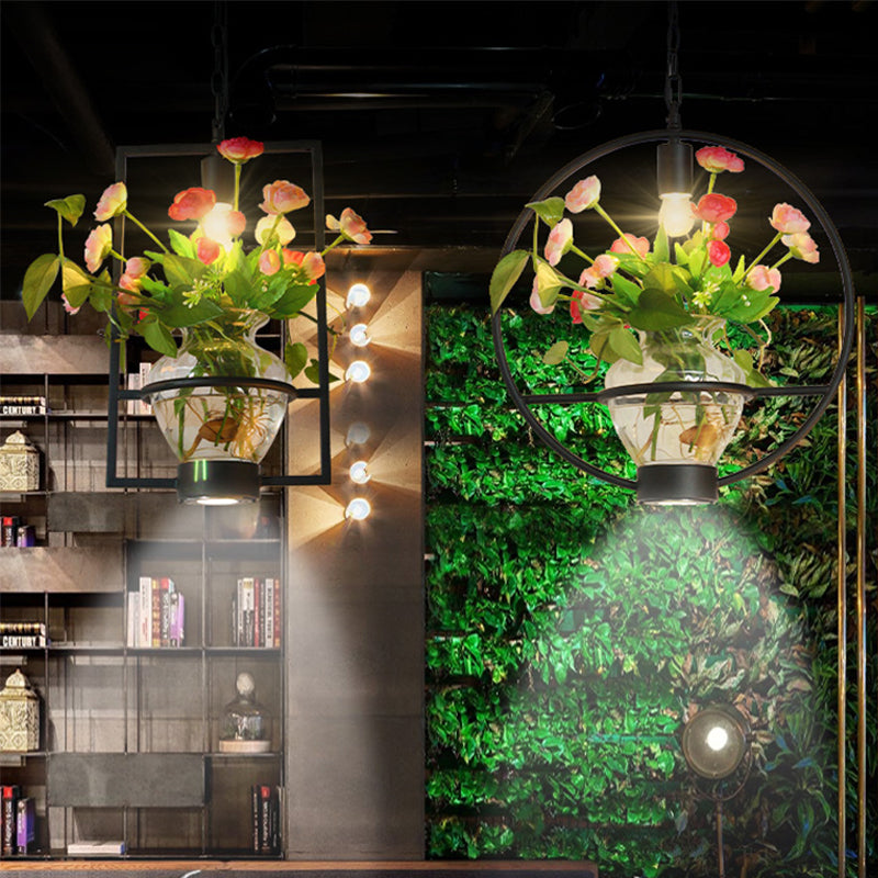 Black 1 Light Down Lighting Industrial Iron Circular/Rectangular Cage Drop Pendant with Clear Glass Plant Pot Clearhalo 'Art Deco Pendants' 'Black' 'Cast Iron' 'Ceiling Lights' 'Ceramic' 'Crystal' 'Industrial Pendants' 'Industrial' 'Metal' 'Middle Century Pendants' 'Pendant Lights' 'Pendants' 'Rustic Pendants' 'Tiffany' Lighting' 735830