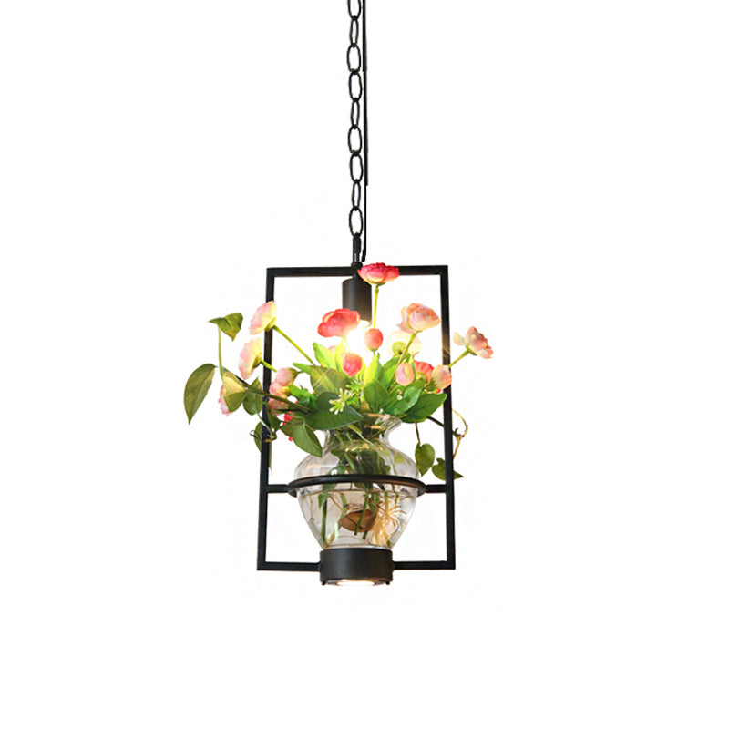 Black 1 Light Down Lighting Industrial Iron Circular/Rectangular Cage Drop Pendant with Clear Glass Plant Pot Clearhalo 'Art Deco Pendants' 'Black' 'Cast Iron' 'Ceiling Lights' 'Ceramic' 'Crystal' 'Industrial Pendants' 'Industrial' 'Metal' 'Middle Century Pendants' 'Pendant Lights' 'Pendants' 'Rustic Pendants' 'Tiffany' Lighting' 735831