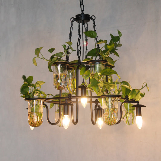 Candle Restaurant Chandelier Lamp Industrial Iron 5 Bulbs Black Hanging Light Fixture with Plant Cup Clearhalo 'Cast Iron' 'Ceiling Lights' 'Chandeliers' 'Industrial Chandeliers' 'Industrial' 'Metal' 'Middle Century Chandeliers' 'Rustic Chandeliers' 'Tiffany' Lighting' 735833
