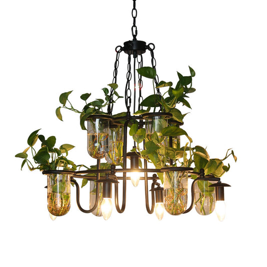 Candle Restaurant Chandelier Lamp Industrial Iron 5 Bulbs Black Hanging Light Fixture with Plant Cup Clearhalo 'Cast Iron' 'Ceiling Lights' 'Chandeliers' 'Industrial Chandeliers' 'Industrial' 'Metal' 'Middle Century Chandeliers' 'Rustic Chandeliers' 'Tiffany' Lighting' 735834
