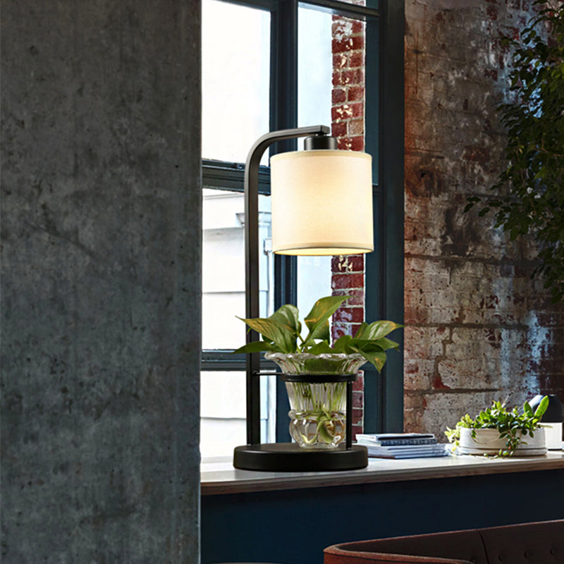 Fabric Black/White Night Light Cylindrical 1 Light Industrial Nightstand Lamp with Clear Glass Plant Container Clearhalo 'Lamps' 'Table Lamps' Lighting' 735841