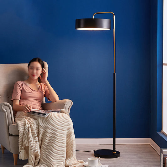 Macaron 1-Head Floor Lamp Black/Blue/Yellow Finish Drum Floor Standing Light with Iron Shade for Living Room Black Clearhalo 'Floor Lamps' 'Lamps' Lighting' 735988