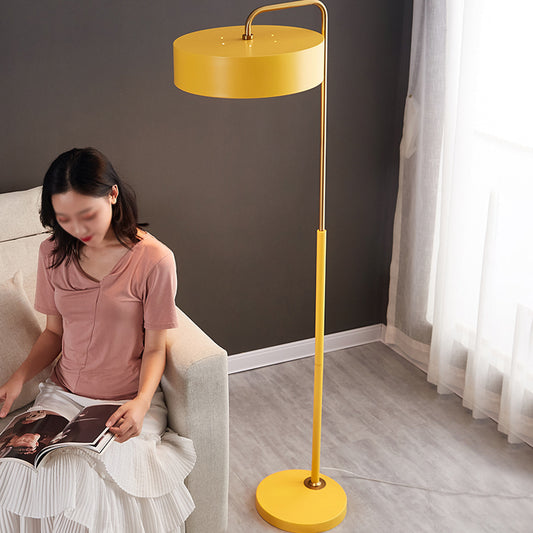 Macaron 1-Head Floor Lamp Black/Blue/Yellow Finish Drum Floor Standing Light with Iron Shade for Living Room Yellow Clearhalo 'Floor Lamps' 'Lamps' Lighting' 735992