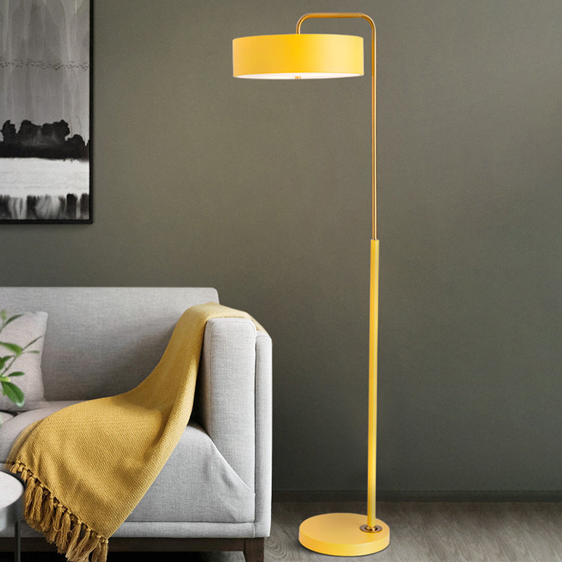 Macaron 1-Head Floor Lamp Black/Blue/Yellow Finish Drum Floor Standing Light with Iron Shade for Living Room Clearhalo 'Floor Lamps' 'Lamps' Lighting' 735993