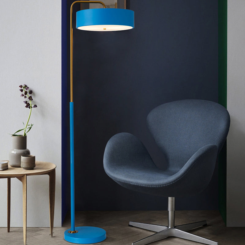 Macaron 1-Head Floor Lamp Black/Blue/Yellow Finish Drum Floor Standing Light with Iron Shade for Living Room Clearhalo 'Floor Lamps' 'Lamps' Lighting' 735997