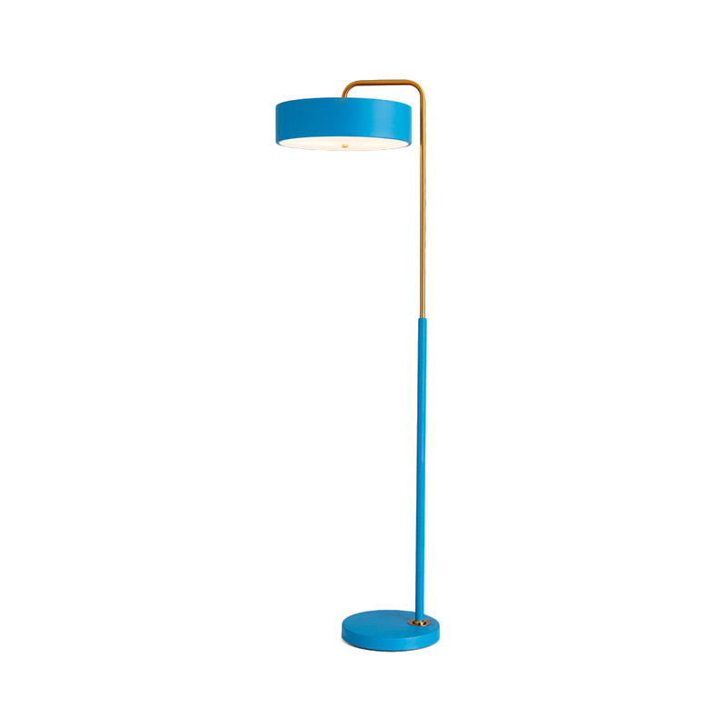 Macaron 1-Head Floor Lamp Black/Blue/Yellow Finish Drum Floor Standing Light with Iron Shade for Living Room Clearhalo 'Floor Lamps' 'Lamps' Lighting' 735998
