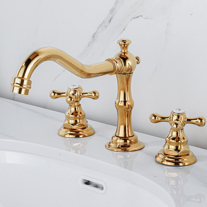 Industrial Wide Spread Bathroom Faucet 2 Cross Handles Lavatory Faucet Dorado Clearhalo 'bathroom_sink_faucets' 'Conjunta de Baño y Conjunta de Grifo' 'Coronamiento de Baño y Dispositivo de Baño' 'Grifo del lavabo del baño' 'Hogar' 'home_improvement' 'home_improvement_bathroom_sink_faucets' 'Mejoras para el hogar' 7360528