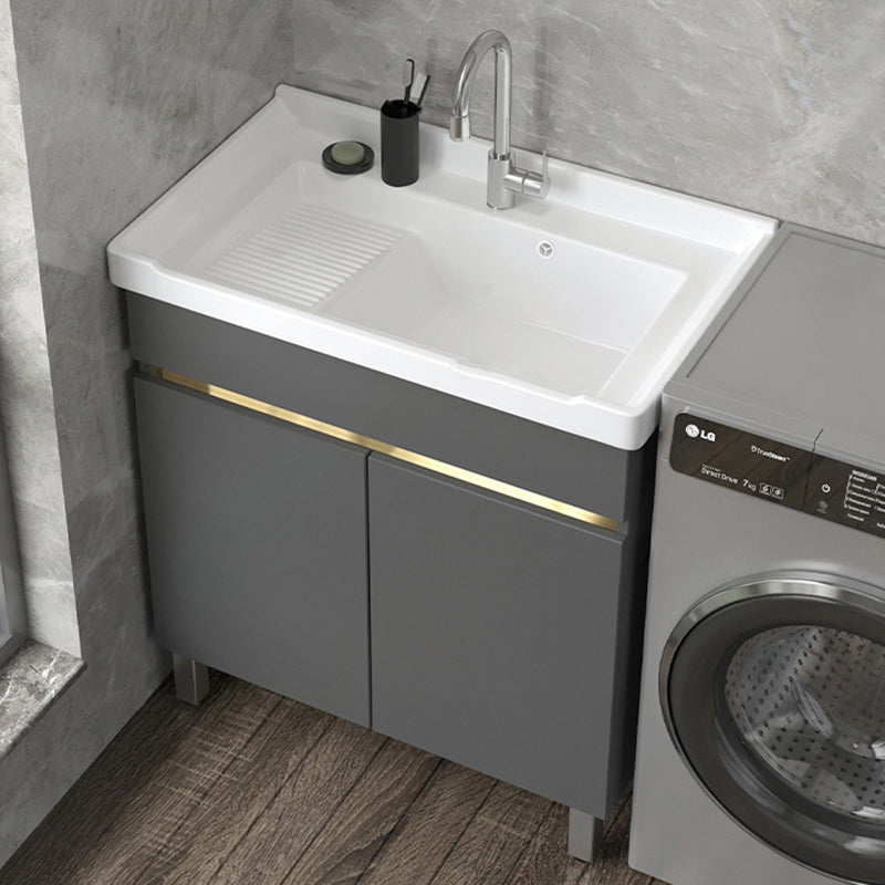 Wall Mount Glam Bath Vanity Gray Ceramic Single-Sink Rectangular Vanity Set Vanity & Faucet Washboard Included Clearhalo 'Bathroom Remodel & Bathroom Fixtures' 'Bathroom Vanities' 'bathroom_vanities' 'Home Improvement' 'home_improvement' 'home_improvement_bathroom_vanities' 7360921