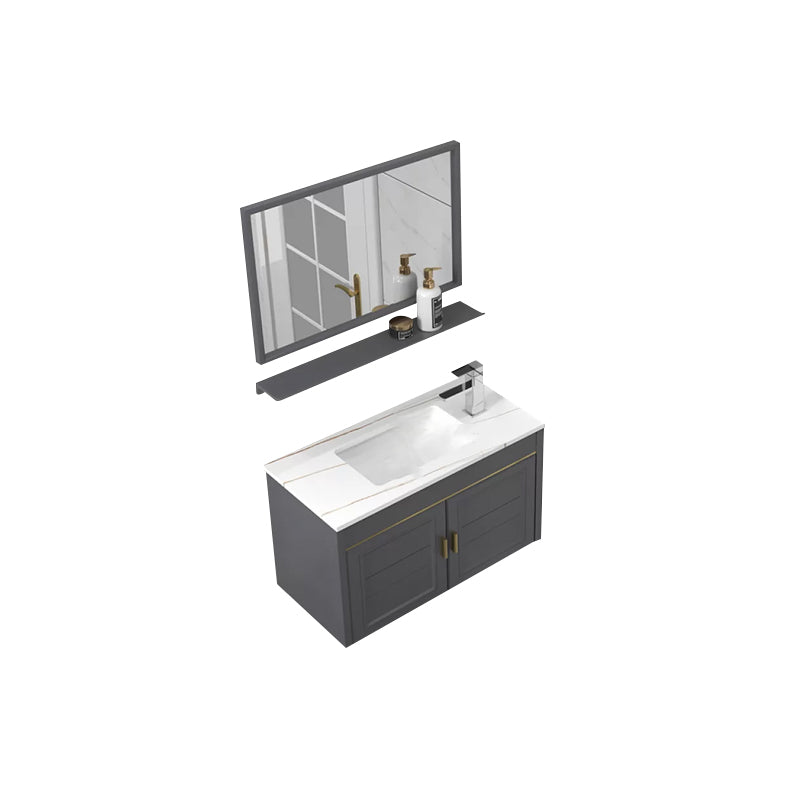 Glam Single Sink Vanity Wall Mount Metal Base Rectangular Bath Vanity Vanity & Faucet & Mirrors 27.5"L x 14"W x 16"H Gray Clearhalo 'Bathroom Remodel & Bathroom Fixtures' 'Bathroom Vanities' 'bathroom_vanities' 'Home Improvement' 'home_improvement' 'home_improvement_bathroom_vanities' 7360961