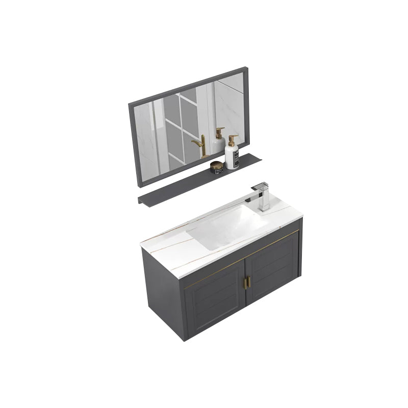 Glam Single Sink Vanity Wall Mount Metal Base Rectangular Bath Vanity Vanity & Faucet & Mirrors 31.5"L x 14"W x 16"H Gray Clearhalo 'Bathroom Remodel & Bathroom Fixtures' 'Bathroom Vanities' 'bathroom_vanities' 'Home Improvement' 'home_improvement' 'home_improvement_bathroom_vanities' 7360965