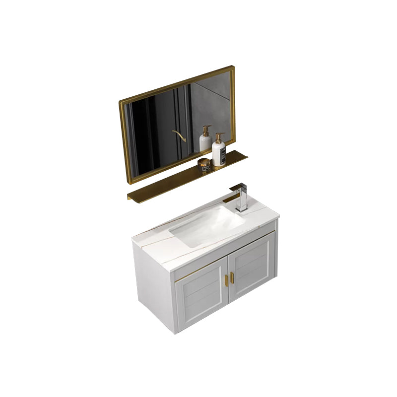 Glam Single Sink Vanity Wall Mount Metal Base Rectangular Bath Vanity Vanity & Faucet & Mirrors 27.5"L x 14"W x 16"H White Clearhalo 'Bathroom Remodel & Bathroom Fixtures' 'Bathroom Vanities' 'bathroom_vanities' 'Home Improvement' 'home_improvement' 'home_improvement_bathroom_vanities' 7360970