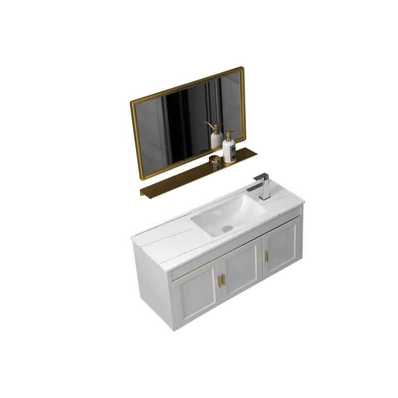 Glam Single Sink Vanity Wall Mount Metal Base Rectangular Bath Vanity Vanity & Faucet & Mirrors 35.4"L x 13.8"W x 15.7"H White Clearhalo 'Bathroom Remodel & Bathroom Fixtures' 'Bathroom Vanities' 'bathroom_vanities' 'Home Improvement' 'home_improvement' 'home_improvement_bathroom_vanities' 7360977
