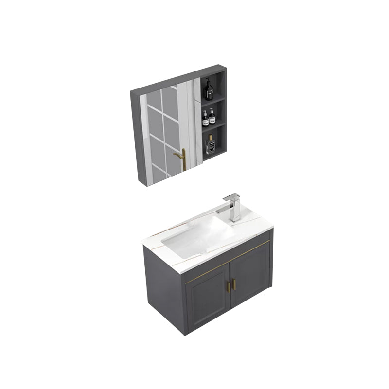 Glam Single Sink Vanity Wall Mount Metal Base Rectangular Bath Vanity Vanity & Faucet & Mirror Cabinet 24"L x 14"W x 16"H Gray Clearhalo 'Bathroom Remodel & Bathroom Fixtures' 'Bathroom Vanities' 'bathroom_vanities' 'Home Improvement' 'home_improvement' 'home_improvement_bathroom_vanities' 7360978