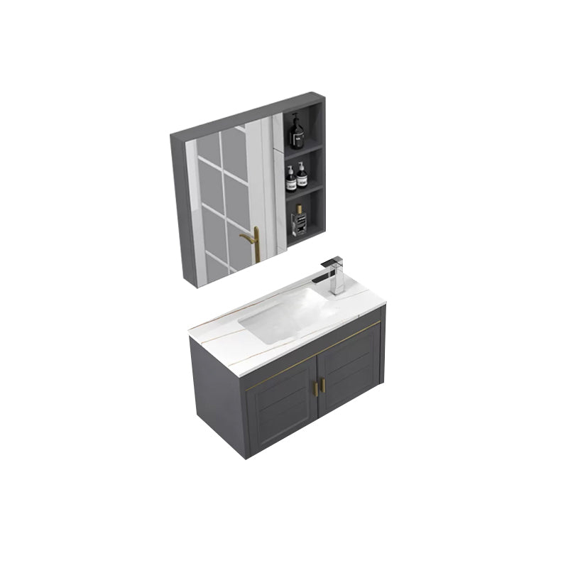Glam Single Sink Vanity Wall Mount Metal Base Rectangular Bath Vanity Vanity & Faucet & Mirror Cabinet 27.5"L x 14"W x 16"H Gray Clearhalo 'Bathroom Remodel & Bathroom Fixtures' 'Bathroom Vanities' 'bathroom_vanities' 'Home Improvement' 'home_improvement' 'home_improvement_bathroom_vanities' 7360979