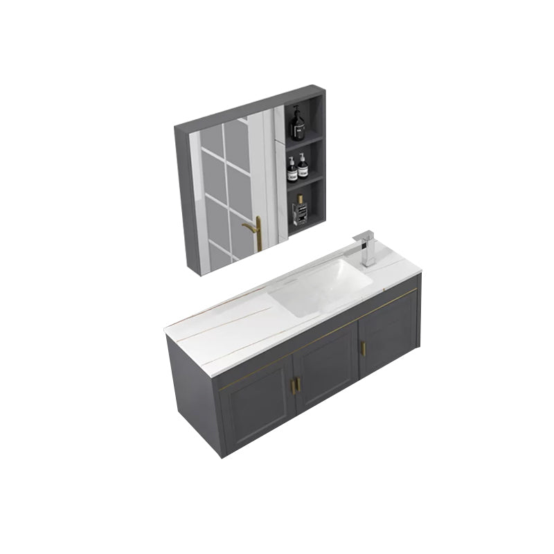 Glam Single Sink Vanity Wall Mount Metal Base Rectangular Bath Vanity Vanity & Faucet & Mirror Cabinet 39"L x 14"W x 16"H Gray Clearhalo 'Bathroom Remodel & Bathroom Fixtures' 'Bathroom Vanities' 'bathroom_vanities' 'Home Improvement' 'home_improvement' 'home_improvement_bathroom_vanities' 7360980