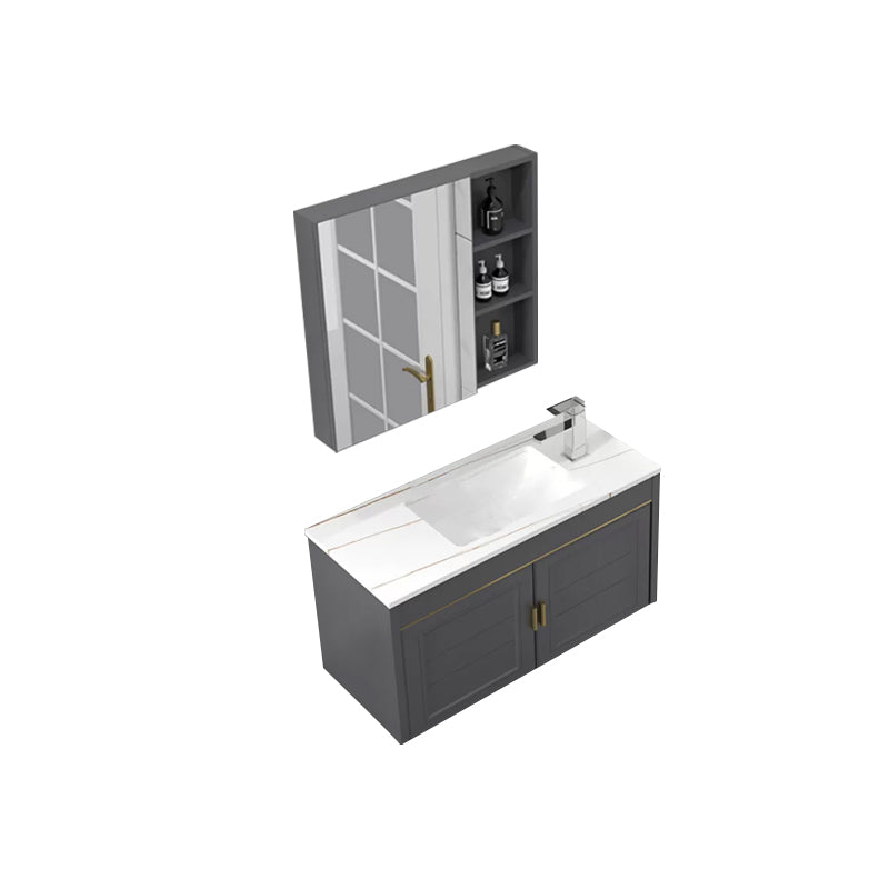 Glam Single Sink Vanity Wall Mount Metal Base Rectangular Bath Vanity Vanity & Faucet & Mirror Cabinet 31.5"L x 14"W x 16"H Gray Clearhalo 'Bathroom Remodel & Bathroom Fixtures' 'Bathroom Vanities' 'bathroom_vanities' 'Home Improvement' 'home_improvement' 'home_improvement_bathroom_vanities' 7360981