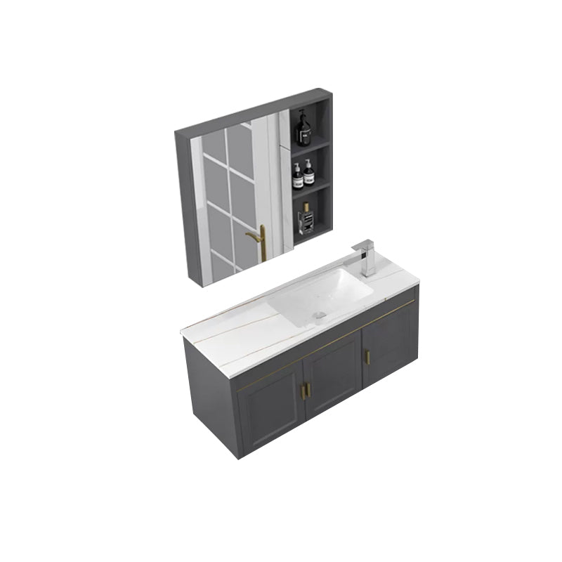 Glam Single Sink Vanity Wall Mount Metal Base Rectangular Bath Vanity Vanity & Faucet & Mirror Cabinet 35.4"L x 13.8"W x 15.7"H Gray Clearhalo 'Bathroom Remodel & Bathroom Fixtures' 'Bathroom Vanities' 'bathroom_vanities' 'Home Improvement' 'home_improvement' 'home_improvement_bathroom_vanities' 7360982