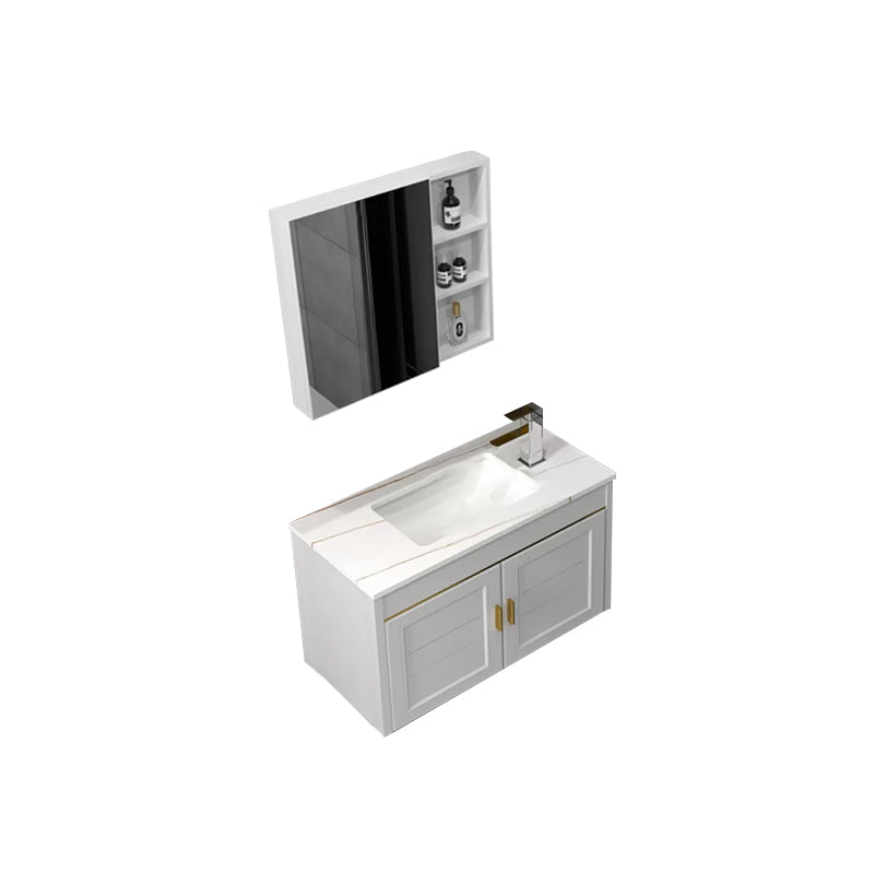 Glam Single Sink Vanity Wall Mount Metal Base Rectangular Bath Vanity Vanity & Faucet & Mirror Cabinet 27.5"L x 14"W x 16"H White Clearhalo 'Bathroom Remodel & Bathroom Fixtures' 'Bathroom Vanities' 'bathroom_vanities' 'Home Improvement' 'home_improvement' 'home_improvement_bathroom_vanities' 7360984