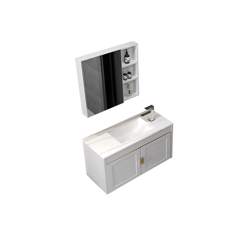 Glam Single Sink Vanity Wall Mount Metal Base Rectangular Bath Vanity Vanity & Faucet & Mirror Cabinet 31.5"L x 14"W x 16"H White Clearhalo 'Bathroom Remodel & Bathroom Fixtures' 'Bathroom Vanities' 'bathroom_vanities' 'Home Improvement' 'home_improvement' 'home_improvement_bathroom_vanities' 7360986