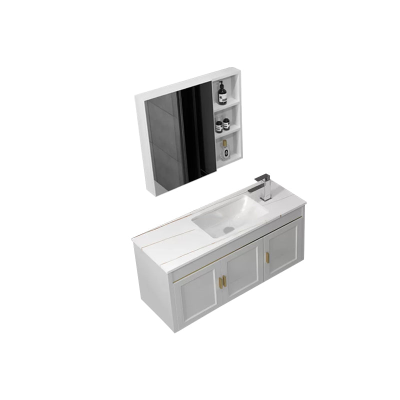 Glam Single Sink Vanity Wall Mount Metal Base Rectangular Bath Vanity Vanity & Faucet & Mirror Cabinet 35.4"L x 13.8"W x 15.7"H White Clearhalo 'Bathroom Remodel & Bathroom Fixtures' 'Bathroom Vanities' 'bathroom_vanities' 'Home Improvement' 'home_improvement' 'home_improvement_bathroom_vanities' 7360987