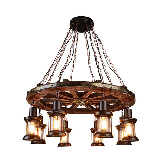 Kerosene Dining Room Hanging Chandelier Coastal Clear Glass 8 Lights Black Finish Ceiling Fixture with Wood Wheel Deco Clearhalo 'Cast Iron' 'Ceiling Lights' 'Chandeliers' 'Industrial Chandeliers' 'Industrial' 'Metal' 'Middle Century Chandeliers' 'Rustic Chandeliers' 'Tiffany' Lighting' 736132