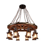 Kerosene Dining Room Hanging Chandelier Coastal Clear Glass 8 Lights Black Finish Ceiling Fixture with Wood Wheel Deco Clearhalo 'Cast Iron' 'Ceiling Lights' 'Chandeliers' 'Industrial Chandeliers' 'Industrial' 'Metal' 'Middle Century Chandeliers' 'Rustic Chandeliers' 'Tiffany' Lighting' 736132