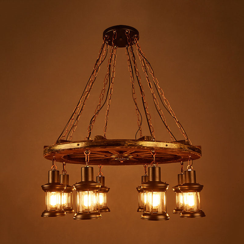 Kerosene Dining Room Hanging Chandelier Coastal Clear Glass 8 Lights Black Finish Ceiling Fixture with Wood Wheel Deco Clearhalo 'Cast Iron' 'Ceiling Lights' 'Chandeliers' 'Industrial Chandeliers' 'Industrial' 'Metal' 'Middle Century Chandeliers' 'Rustic Chandeliers' 'Tiffany' Lighting' 736133