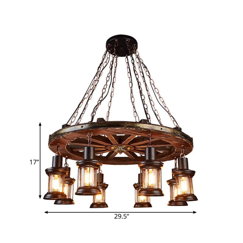 Kerosene Dining Room Hanging Chandelier Coastal Clear Glass 8 Lights Black Finish Ceiling Fixture with Wood Wheel Deco Clearhalo 'Cast Iron' 'Ceiling Lights' 'Chandeliers' 'Industrial Chandeliers' 'Industrial' 'Metal' 'Middle Century Chandeliers' 'Rustic Chandeliers' 'Tiffany' Lighting' 736134