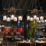Black Lantern Chandelier Factory Style Clear Glass 5 Heads Restaurant Pendant Lighting Fixture with Wood Branch Beam Black Clearhalo 'Cast Iron' 'Ceiling Lights' 'Chandeliers' 'Industrial Chandeliers' 'Industrial' 'Metal' 'Middle Century Chandeliers' 'Rustic Chandeliers' 'Tiffany' Lighting' 736135