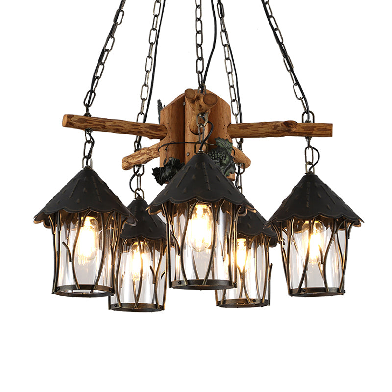 Black Lantern Chandelier Factory Style Clear Glass 5 Heads Restaurant Pendant Lighting Fixture with Wood Branch Beam Clearhalo 'Cast Iron' 'Ceiling Lights' 'Chandeliers' 'Industrial Chandeliers' 'Industrial' 'Metal' 'Middle Century Chandeliers' 'Rustic Chandeliers' 'Tiffany' Lighting' 736136